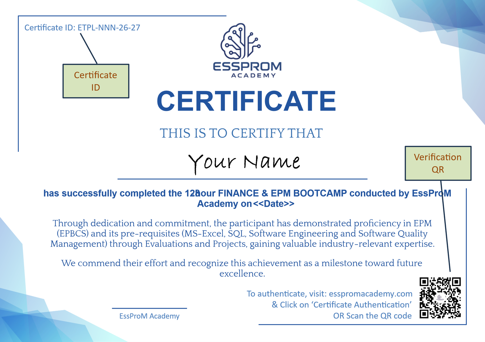 EssProM Academy EPM Bootcamp certificate format, with certificate ID and verification QR code